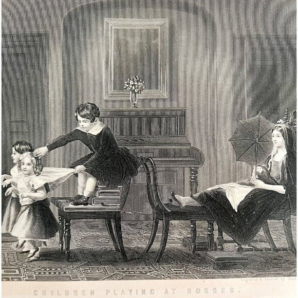 1859 Engraving Children Playing Horses Victorian Mother Children Art DWY5E - Picture 1 of 2